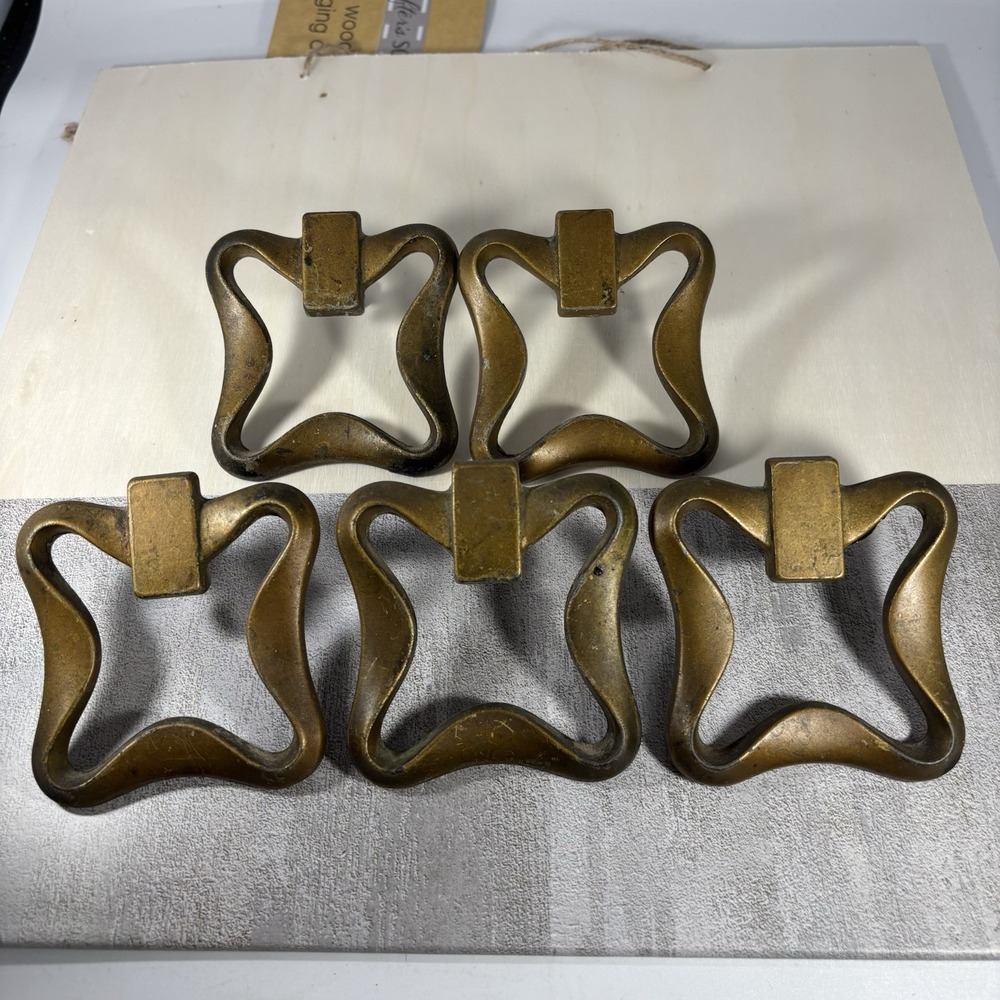 Set of 5 Antique Cast Solid  Brass "squared Curve "‎ "Drawer Pulls" Reclaimed
